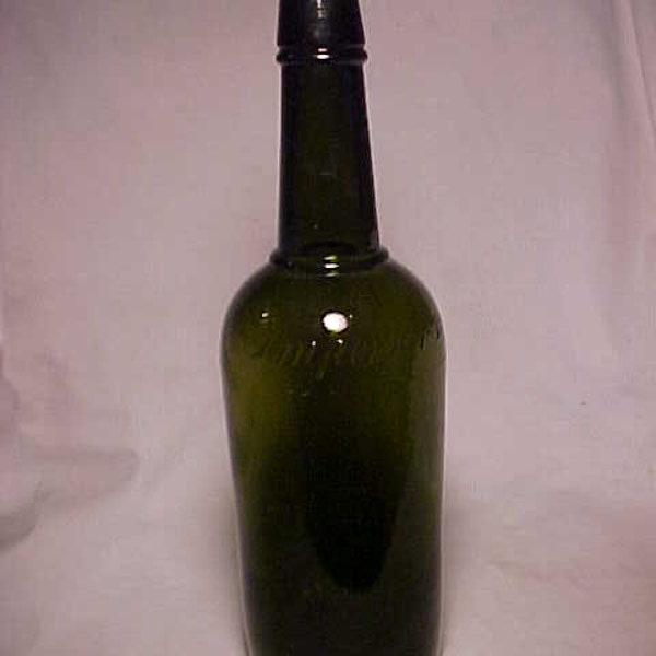 c1890s O.G.R. Importers Boston possibly John Fennell Boston, Mass., Cork top blown Olive Green glass whiskey fifth bottle, Back Bar Bottle