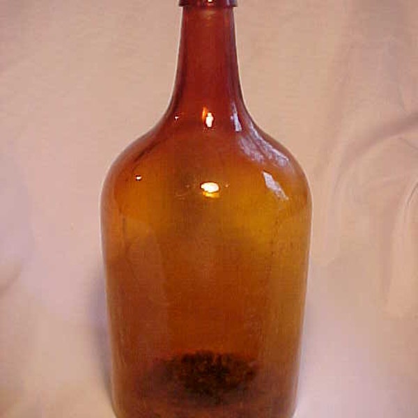 c1870s 1 to 2 Gallon Size Stoddard Orange Amber Blown Glass Cork Top Demijohn Booze Whiskey Wine Bottle with Applied Lip, Back Bar Decor