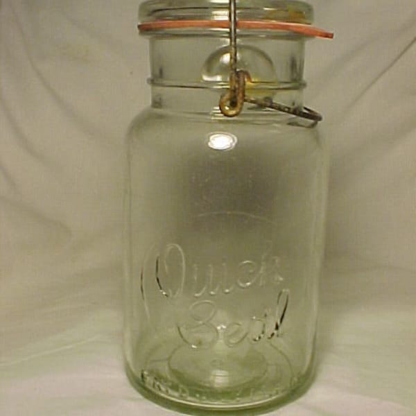 c1910-1920s Quick Seal Clear Glass Quart Canning Fruit Jar, Cannister Spice Jar , Country Primitive Decor,  Wedding Decor