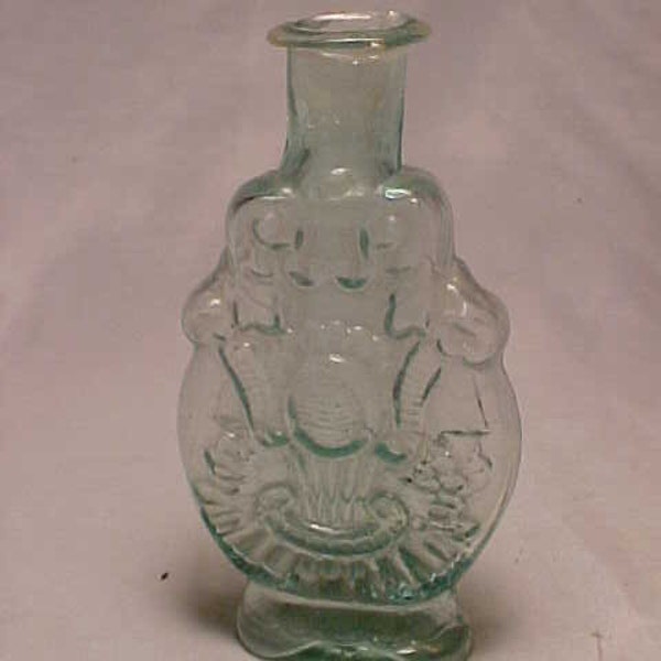c1840s Fancy Pattern Decorative Historical Perfume Flask, Aqua Blown Glass Cork Top Open Pontil Cologne Bottle