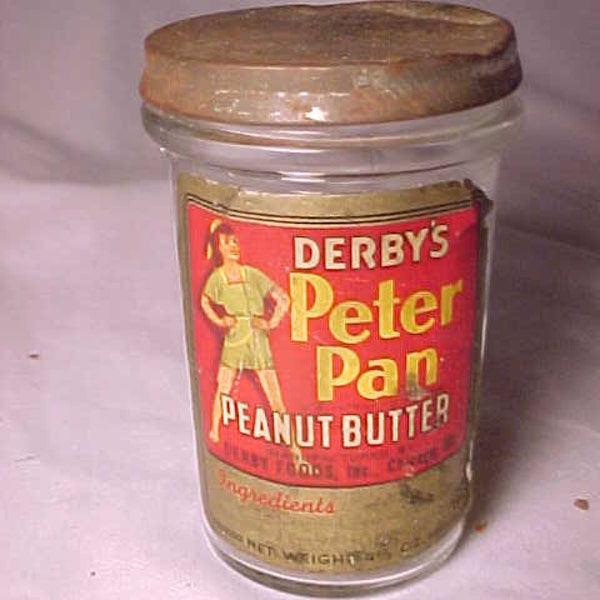 c1930s Derby's Peter Pan Peanut Butter Derby Foods Inc. Chicago, Illinois, Advertising glass jar with the original Paper Label & cover