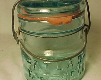 c1910-20s Atlas E-Z Seal , Dark Aqua glass Half Pint Fruit Jar, 1/2 pint Canning Jar , Country Kitchen Decor, Country Primitive Decor #3