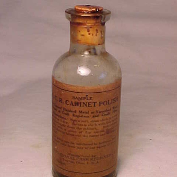 c1915-20 Sample N.C.R. Cabinet Polish The National Cash Register Co. Dayton, Ohio, Cork Top Clear Glass Bottle with the paper label