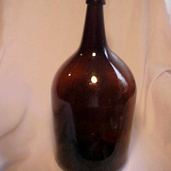 c1840-50s 2 to 3 Gallon Size Stoddard Amber Blown Glass Cork Top Demijohn Booze Whiskey Wine Bottle with Pontil, Back Bar Decor