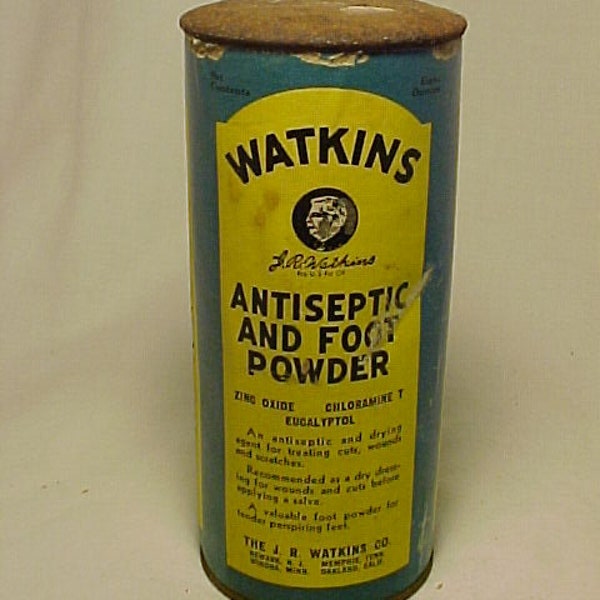 c1930s Watkins Antiseptic and Foot Powder The J. R. Watkins Co. Winina, Minn., Newark, N.J., Memphis, Tenn., Oakland, Calif, Advertising Tin