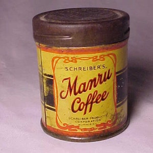 c1920s Schreiber&#39;s Manru Coffee Buffalo, New York , Scarce Sample Coffee Tin Can, Country Primitive Decor, Country Kitchen Decor