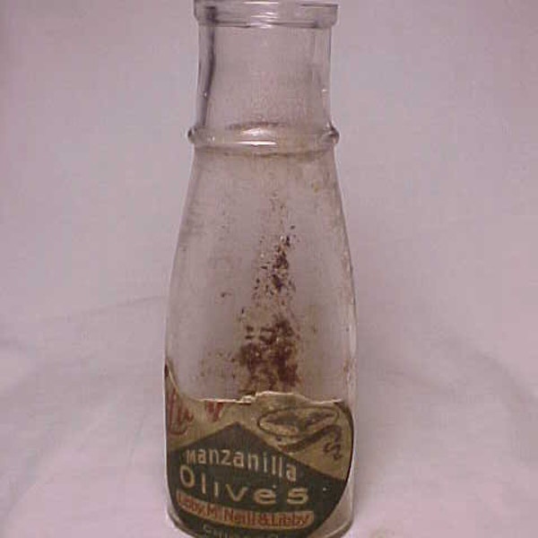 c1890s-1900 Libby's Manzanilla Olives Libby McNeill & Libby Chicago, ILL , Cork Top Olive Bottle with paper Label, Country Primitive Decor