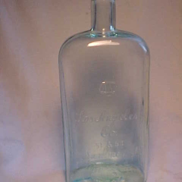 c1890s Los Angeles Co. 51 & 53 Summer St. Boston, Mass, Cork Top Aqua Quart Strap Side Pre Prohibition Whiskey Bottle Flask, Back Bar Decor