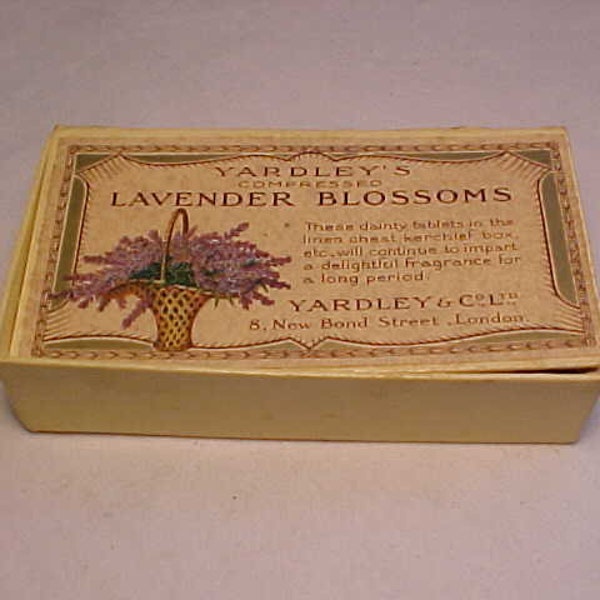 c1930s Yardley's compressed Lavender Blossoms Yardley & Co. London , Perfume Powder box, cardboard hinge top box Container, Bathroom Decor