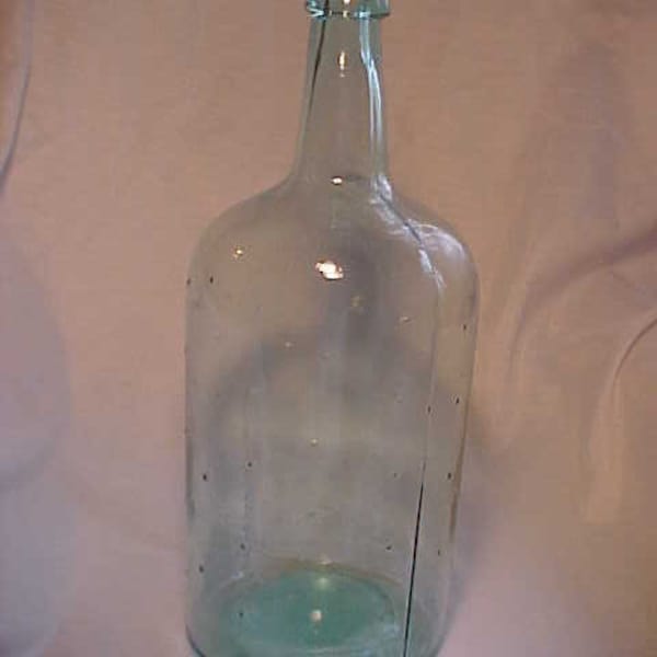 c1890s 1 to 2 Gallon Size Aqua Blown Glass Cork Top Demijohn Booze Whiskey Wine Bottle with overall bumps, Large Poison Bottle, Back Bar