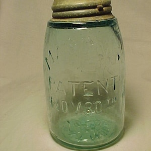 c1880s Mason's Patent Nov. 30th 1858 with Hero Cross on the reverse, Aqua Midget Pint Fruit Jar with the Zinc Lid, Country Primitive Decor 4 image 1