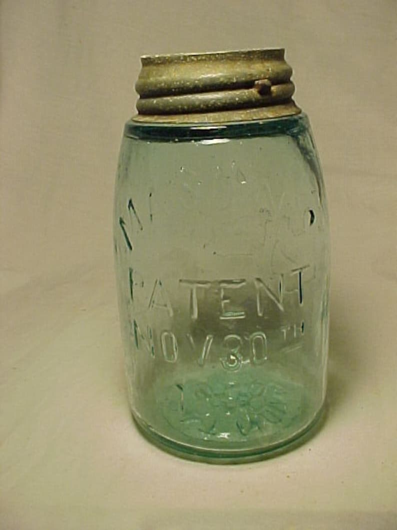 c1880s Mason's Patent Nov. 30th 1858 with Hero Cross on the reverse, Aqua Midget Pint Fruit Jar with the Zinc Lid, Country Primitive Decor 4 image 1