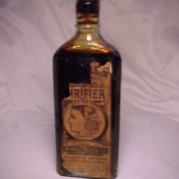 c1920s Dr. Miles Restorative Blood Purifier Elkhart, Indiana, Cork Top Aqua Glass Patent Medicine bottle with label, Drug Store Decor