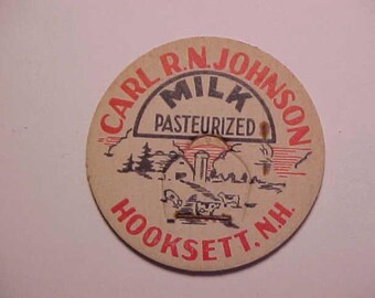 c1940-50s Carl R. N. Johnson pasteurized milk Hooksett, N.H., New Hampshire milk bottle Cap, New Hampshire Dairy Farm History