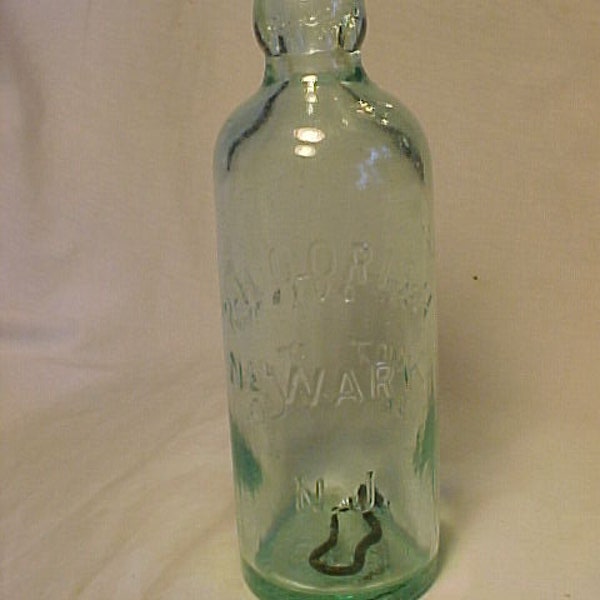 c1880-90s P. H. Corish Newark, N.J. , aqua blown Glass Blob Top Hutch Hutchinson Soda Bottle, Country Primitive Decor