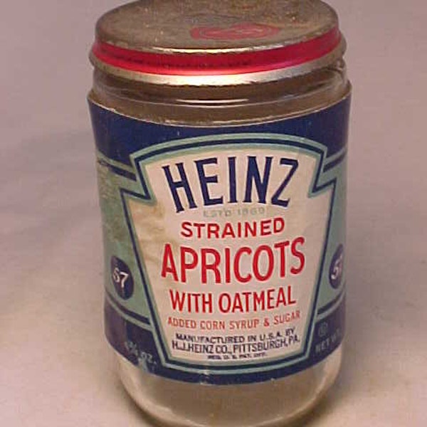 c1940s Heinz Strained Apricots manufactured in U.S.A. By H. J. Heinz Co. Pittsburgh, PA., Baby Food Jar with the Original Paper Label