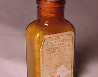 c1920s poison 100 poison tablets No. 960 Nitroglycerin Eli Lilly & Co. Indianapolis, Ind., Paper Label Medicine bottle, Drug Store Decor