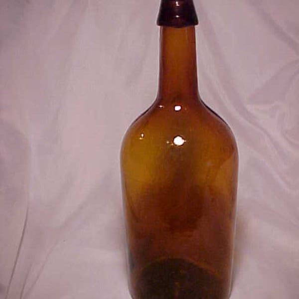 c1870s 1/2 Gallon Size Stoddard Orange Amber Blown Glass Cork Top Demijohn Booze Whiskey Wine Bottle with Applied Lip & Cork, Back Bar Decor