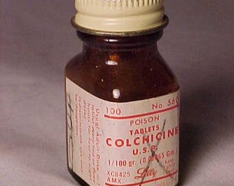 c1950s 100 Poison tablets Colchicine Eli Lilly & Co. Indianapolis, Ind., Paper Label Medicine bottle, Drug Store Decor