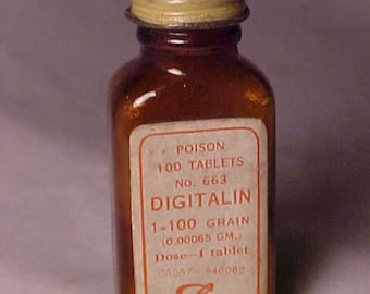 c1930s 100 poison tablets No. 663 Digitalin Eli Lilly & Co. Indianapolis, Ind., Paper Label Medicine bottle, Drug Store Decor