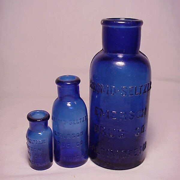 Set of Three c1890s Bromo Seltzer Emerson Drug Co. Baltimore, MD., Cobalt Blue Cork Top Bottles