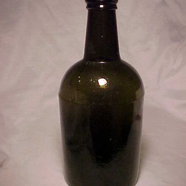 c1850s Quart Size Olive Green Blown Glass Cork Top Pontil Mineral Water or Whiskey Wine Bottle Stoddard Glass or Early American Glass No.4