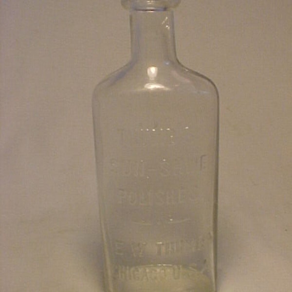 c1890s Thumb's Sun Shine Polishes E. W. Thumb Chicago, Illinois , Clear Blown Glass Cork top Bottle, Country Primitive Decor