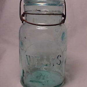 c1900-15 Wears Aqua Glass Quart in Size Canning Fruit Jar with Slug Plate and the correct lid, Country Primitive Decor, Wedding Decor