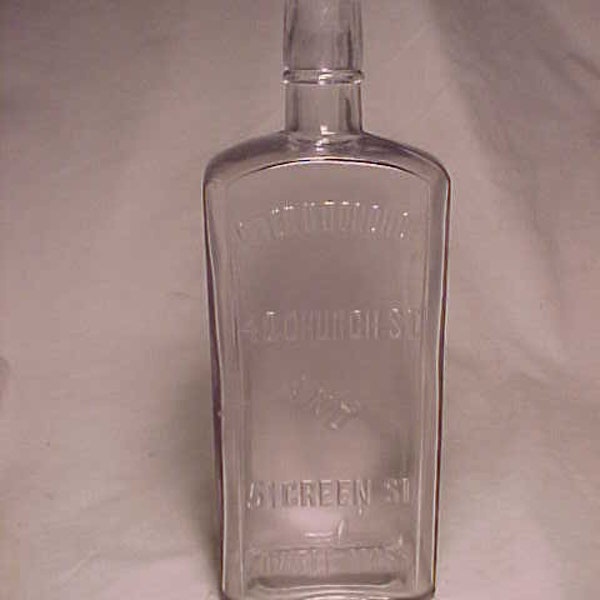 c1890s Peter H. Donohoe Whiskey Lowell, Mass., Blown Clear Glass, Cork Top Whiskey Bottle Flask, Back Bar Decor, Man Cave Decor