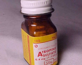 c1950s 100 Hypodermic tablets Atropine Sulfate Eli Lilly & Co. Indianapolis, Ind., Paper Label Medicine bottle, Drug Store Decor