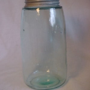 c1890s Ball Script Mason&#39;s Patent Nov. 30Th 1858 undropped A, Aqua One Quart Fruit Jar with a Zinc Cover, Country Primitive Decor #2