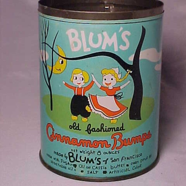 c1950 Blum's old fashioned Cinnamon Bumps Blum's of San Francisco, California Advertising Candy Tin Can, Candy Store Decor