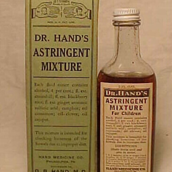 c1940 Dr. Hand's Astringent Mixture for Children Philadelphia, PA.,Full with Box & Label, Paper Labeled Medicine bottle