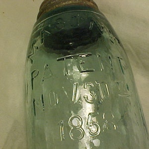 c1880s Mason's Patent Nov. 30th 1858 with Hero Cross on the reverse, Aqua Midget Pint Fruit Jar with the Zinc Lid, Country Primitive Decor 4 image 2