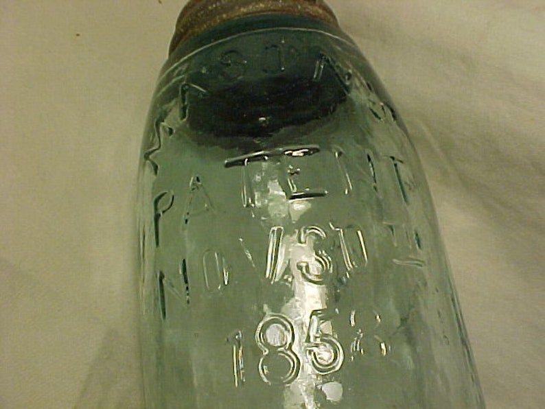 c1880s Mason's Patent Nov. 30th 1858 with Hero Cross on the reverse, Aqua Midget Pint Fruit Jar with the Zinc Lid, Country Primitive Decor 4 image 2