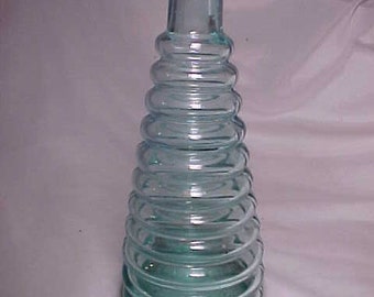 c1880s Aqua E. R. Durkee & Co. New York, Cork Top Blown Glass Ribbed Beehive Pepper Sauce Bottle, Country Primitive Kitchen Decor