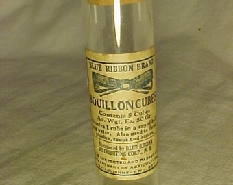 c1920s Blue Label Brand Bouillon Cubes distributed by Blue Ribbon Corp. New York, N.Y., , Blown Glass Cork Top Spice Bottle