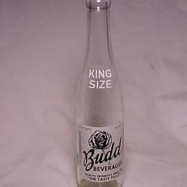 1968 Budd Beverages Newport, NH.. ACL Painted Label Crown Top Soda Bottle with a picture of a Rose flower, Back Bar Decor, Man Cave Decor