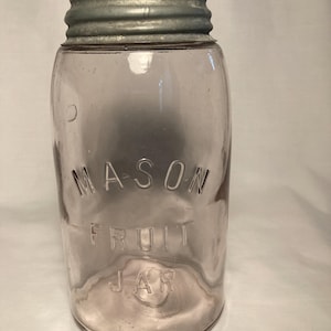 c1900-10 Mason Fruit Jar in three lines Clear Glass with SCA tint One Quart Canning Fruit Jar, Wedding Decor, Country Primitive Decor