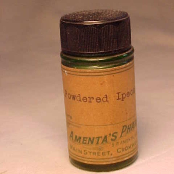 c1950s Powdered Ipecac Amenta's Pharmacy Cromwell, Conn., Medicine Bottle With the paper label, Drug Store Decor