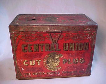 central union cut plug tobacco tin - - Metal Advertising Box - Turn of the Century - Well Worn - AGED Patina - Great Vintage Look Tobacco Tin (Union Leader Cut