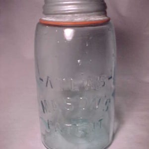 c1900-20s -Atlas- Mason&#39;s Patent aqua Glass Quart Size Canning Fruit Jar, with the correct zinc cover, Country Primitive Decor #4