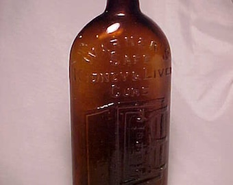 c1890s Warner's Safe Kidney & Liver Cure Rochester, NY., Cork Top Amber Blown Glass Patent Medicine Cure Bottle, Antique Bank Safe No.6