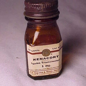 c1950s Squibb Kenacort Squibb Triamcinolone E. R. Squibb & Sons New York, Medicine Bottle with paper labels, Drug Store Decor, EMPTY BOTTLE