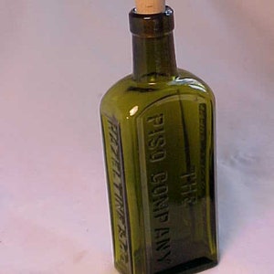c1890s trade Piso's mark The Piso Company Hazeltine & Co., Cork Top Olive Green Blown Glass Cure Bottle, Drug Store Decor, Window Decor #3