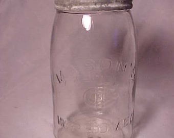 c1880s Mason's C.F.J.Co. Improved Clyde, N.Y., Clear Quart Size Fruit Jar with the Zinc Band and glass insert lid, Country Primitive Decor