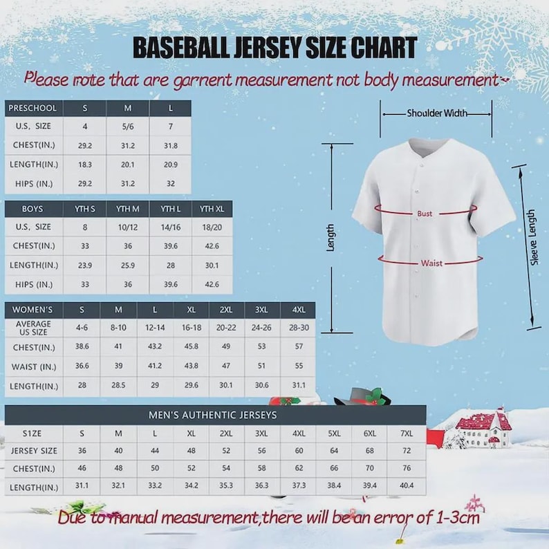 Op de afbeelding: Maattabel voor honkbalshirts met afmetingen in inches voor peuter-, jongens-, dames- en herenmaten. De tabel bevat borst-, taille- en lengtematen. Een wit honkbalshirt is afgebeeld.