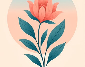 Coral flower and blue leaves poster – Minimalist botanical illustration for printing