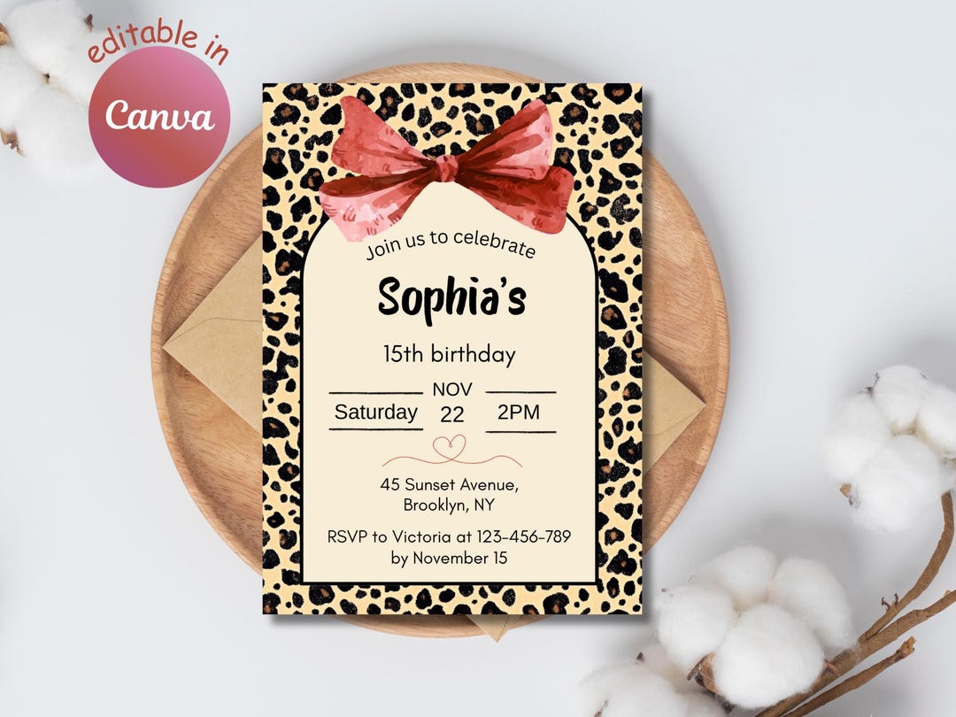 Cheetah Print Birthday Invitation, Red Bow Coquette Party Invite ...