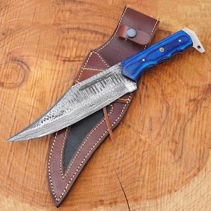 Handmade Damascus Steel Hunting Knife with Blue Handle | Custom Outdoor Knife, Camping Bowie Knife with Leather Sheath | Unique Gift for Him